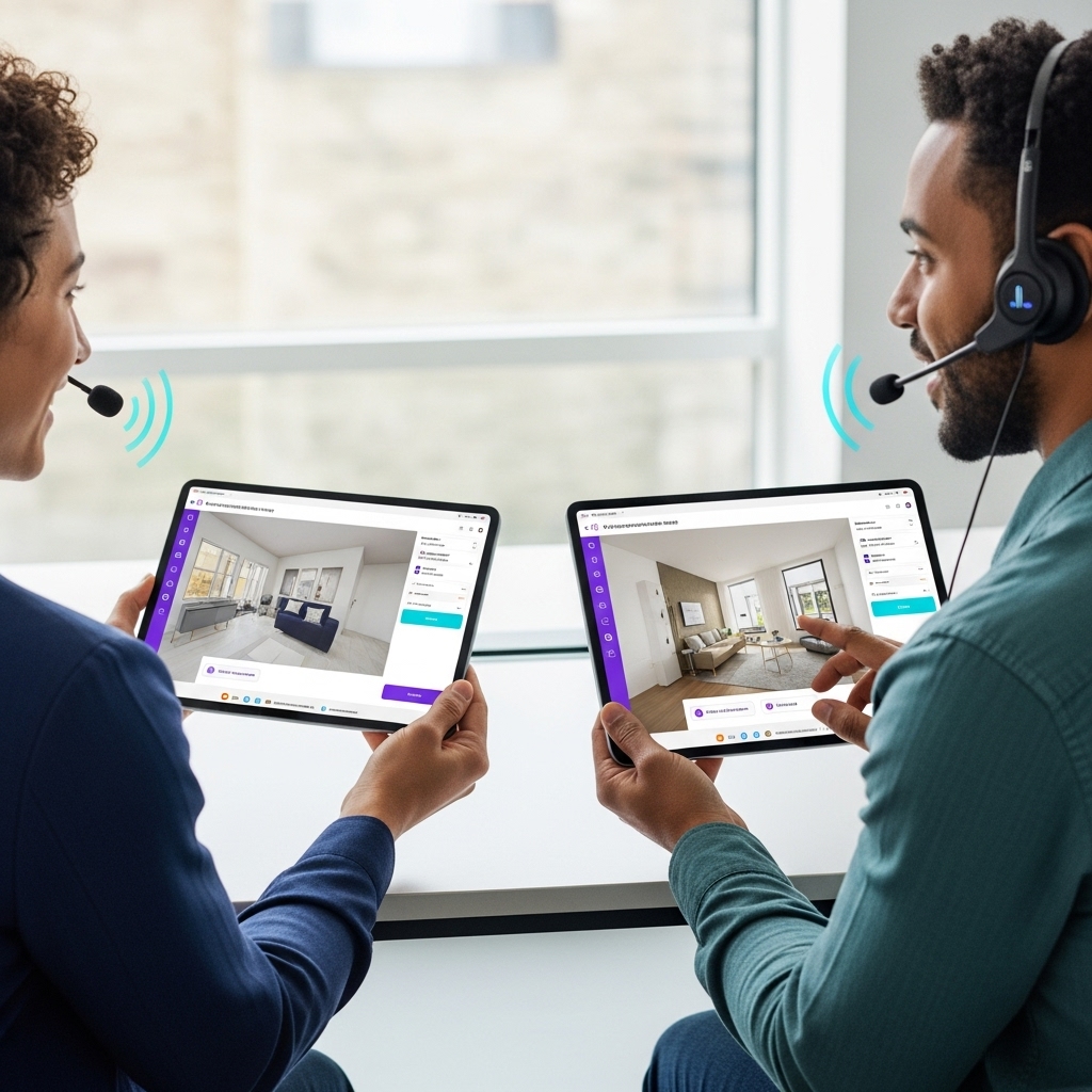 Two people collaborating on a design project using voice commands and tablets